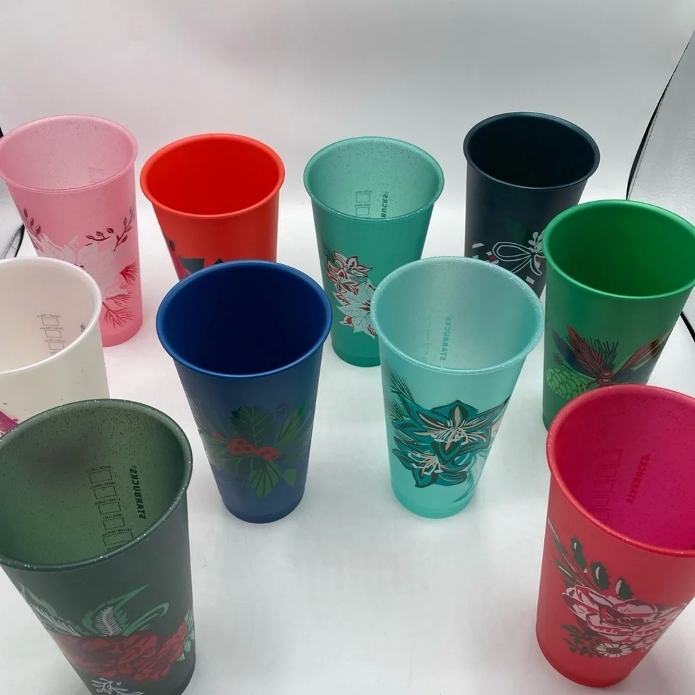 Starbucks Glitter Cold Cups Carnation Floral Print Holiday Christmas Plastic 10
